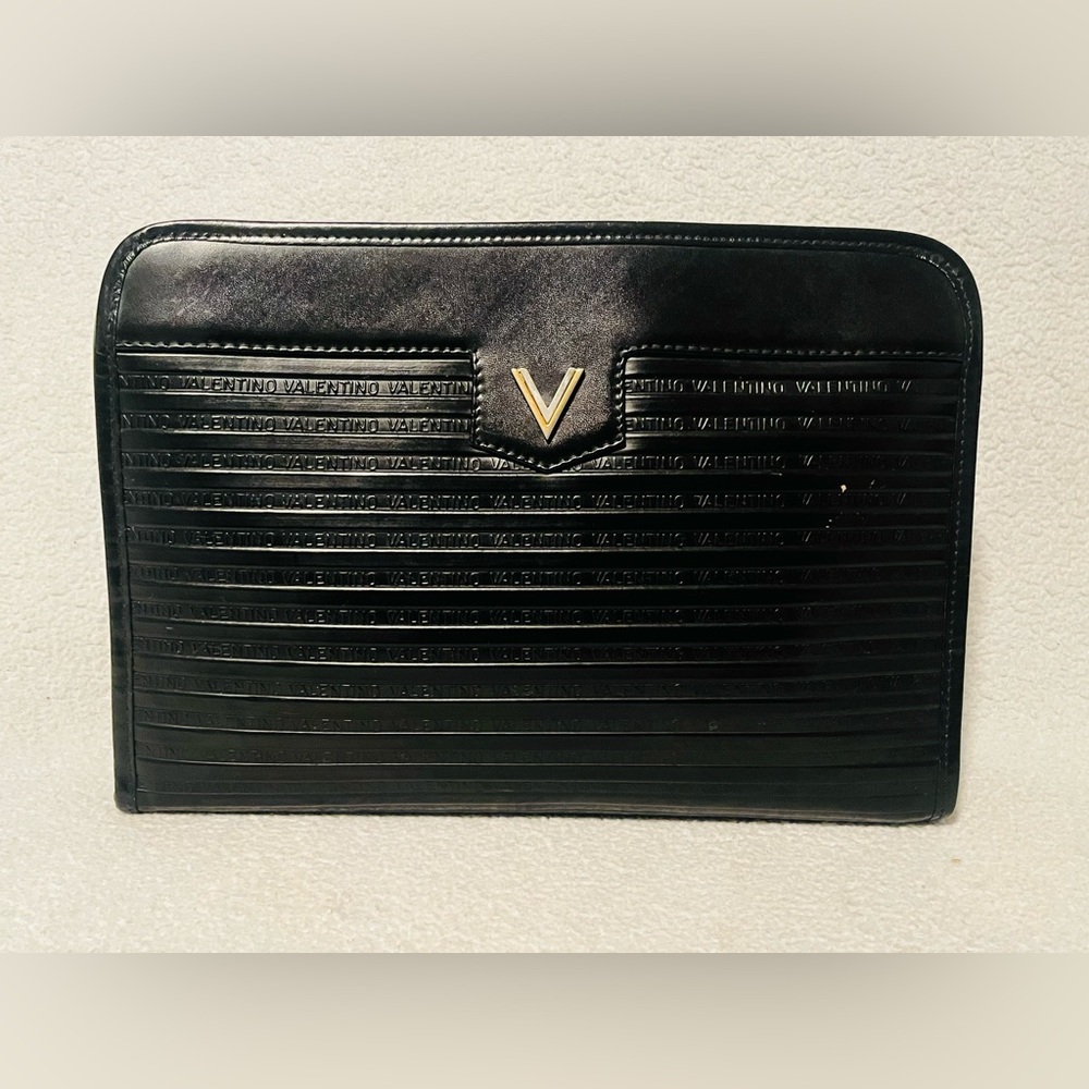Mario Valentino Black Leather Monogrammed Clutch